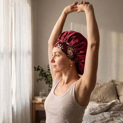 Bonnet en satin rouge cheveux en place apres le reveil du matin