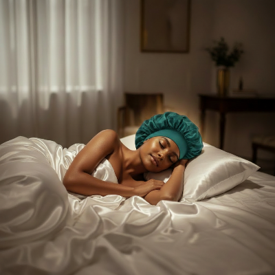 Bonnet en satin teal nuit draps soie soin capillaire