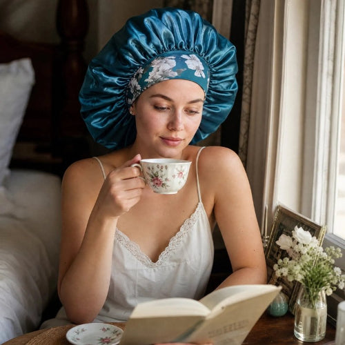 Bonnet en satin vert soin capillaire sommeil
