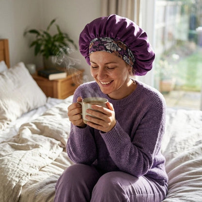 Bonnet en satin violet moment de detente avec une tasse de cafe