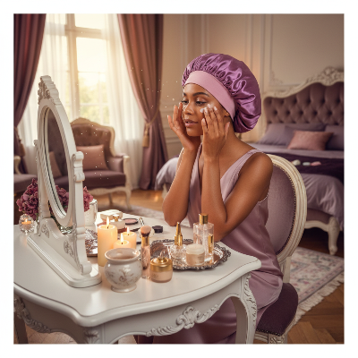 Bonnet en satin violet routine beaute matinale coiffeuse