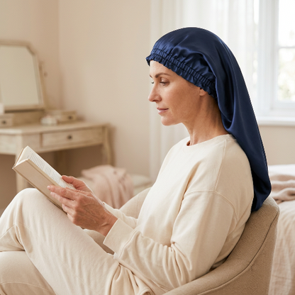 Bonnet en soie bleu marine porte pendant la lecture