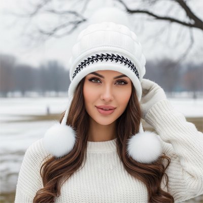 Bonnet femme blanc pompon bande noire tricot hiver elegant
