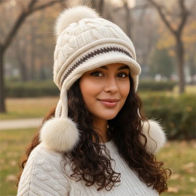 Bonnet femme creme pompon cache oreilles parc automne style