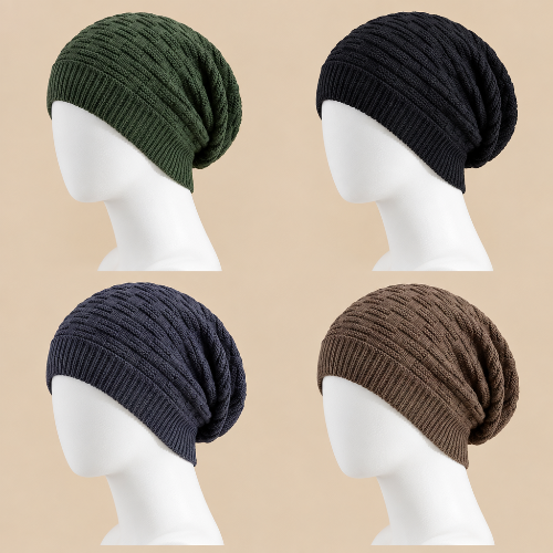 Bonnet femme hiver en quatre couleurs vert fonce noir gris fonce et marron taupe sur des tetes de presentation blanches