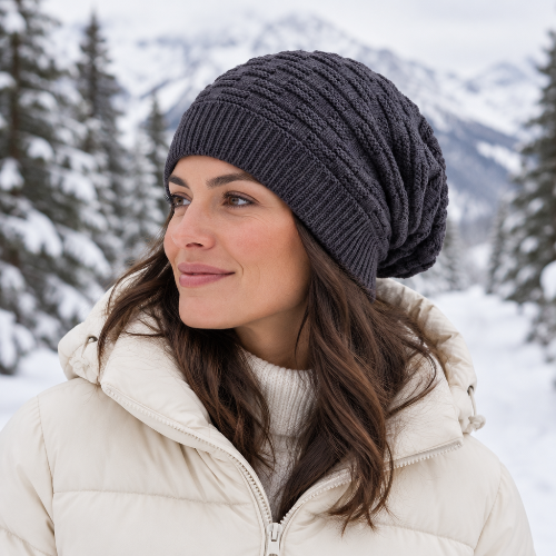 Bonnet femme hiver gros fonce porte par une femme en doudoune creme dans un paysage de montagne enneige