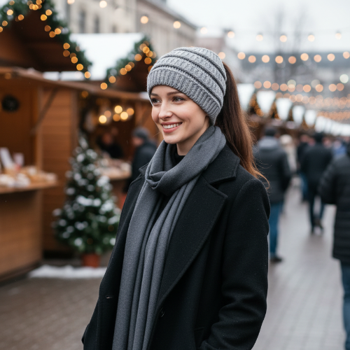 Bonnet femme hiver gris porte dans un marche de noel avec queue de cheval