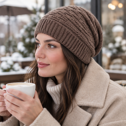 Bonnet femme hiver marron taupe porte par une femme en manteau beige tenant une tasse sur une terrasse de cafe