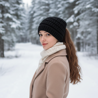 Bonnet femme hiver noir avec ouverture pour queue de cheval en foret enneigee