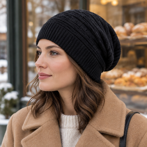Bonnet femme hiver noir porte par une femme en manteau camel devant une boulangerie