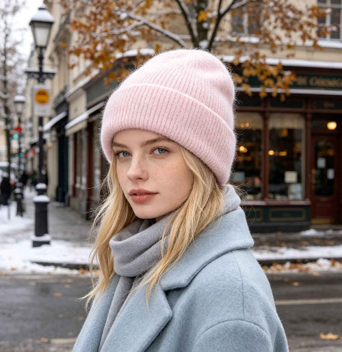 Bonnet femme hiver rose clair duveteux avec revers cotele sur un support metallique noir et un fond gris bleute