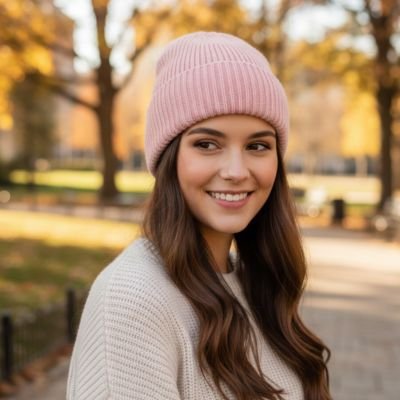Bonnet femme hiver rose poudre laine merinos maille cotelee urbain
