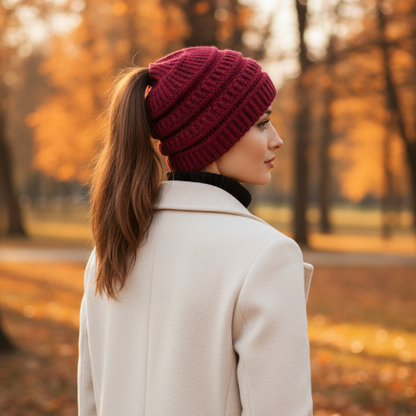 Bonnet femme hiver rouge vin porte en exterieur