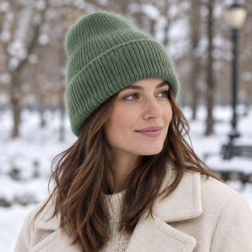 Bonnet femme hiver vert sauge duveteux avec revers cotele sur un support metallique noir et un fond gris bleute