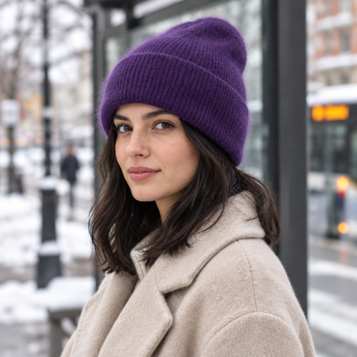 Bonnet femme hiver violet duveteux avec revers cotele sur un support metallique noir et un fond gris bleute