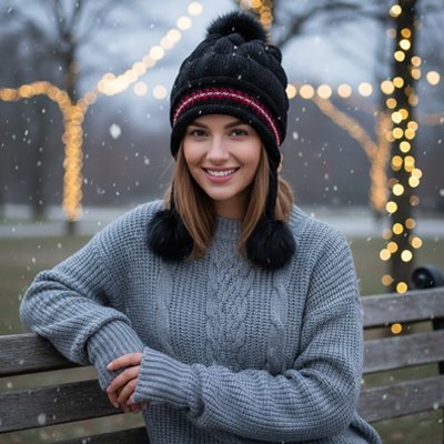 Bonnet femme noir pompon cache oreilles parc illumine neige