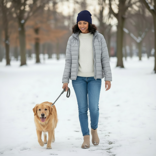 Bonnet hiver femme chic bleu marine porte par une femme promenant son chien dans un parc