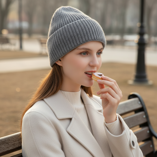 Bonnet hiver femme chic gris en maille cotelee porte par une femme en train de manger dehors