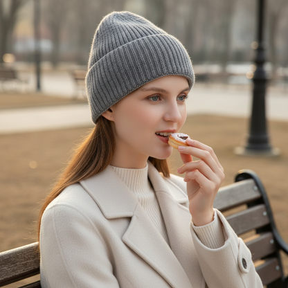 Bonnet hiver femme chic gris en maille cotelee porte par une femme en train de manger dehors