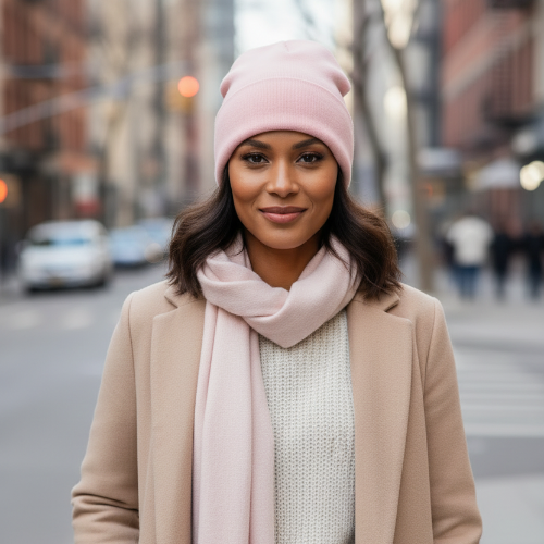Bonnet hiver femme chic rose poudre porte par une femme elegante en promenade en ville