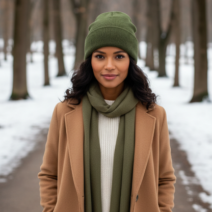 Bonnet hiver femme chic vert fonce porte par une femme en promenade dans une foret en hiver