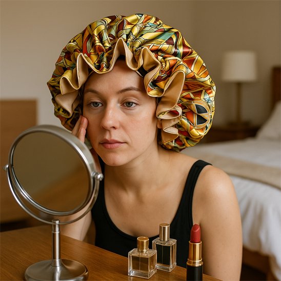 bonnet-nuit-en-satin-motifs-geometriques-protection-cheveux-style-confort-elegance-routine
