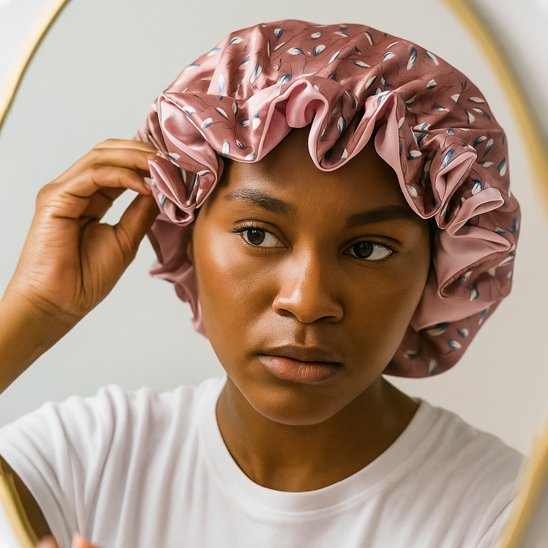 bonnet-nuit-en-satin-rose-motifs-feuilles-protection-cheveux-style-confort-elegance-douceur