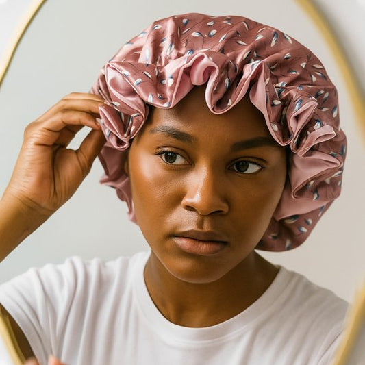 bonnet-nuit-en-satin-rose-motifs-feuilles-protection-cheveux-style-confort-elegance-douceur