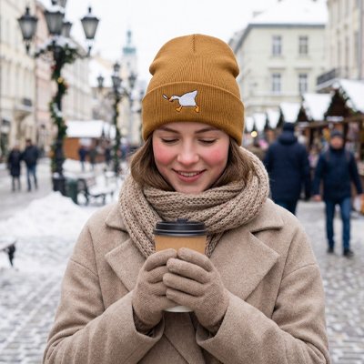 Bonnet pour femme beige avec motif femme dans la rue avec un gobelet de cafe