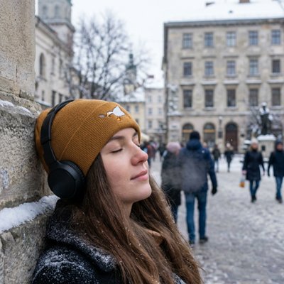 Bonnet pour femme  beige femme ecoutant  la musique dans la rue