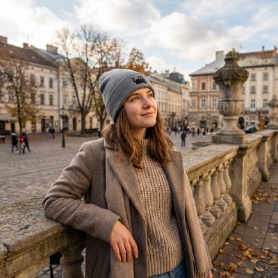 Bonnet pour femme gris logo chat femme manteau beige place ville automne