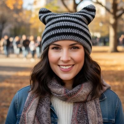 Bonnet pour femme  gris raye oreilles chat parc automne echarpe sourire