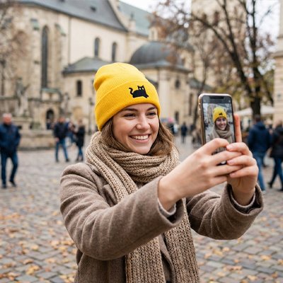 Bonnet pour femme  jaune motif chat femme selfie sourire place ville automne