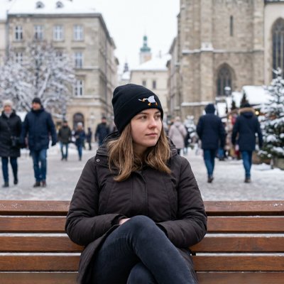 Bonnet pour femme noir avec motif femme assise sur un banc