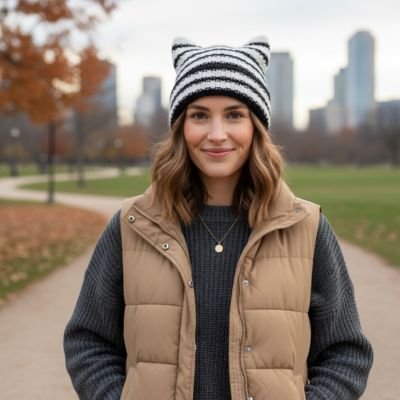 Bonnet pour femme raye noir blanc look automne parc urbain