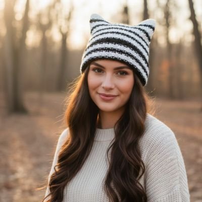 Bonnet pour femme raye noir blanc oreilles chat foret