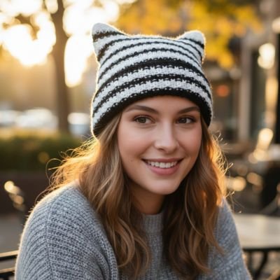 Bonnet pour femme  raye noir blanc terrasse coucher soleil