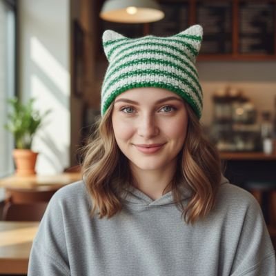 Bonnet pour femme raye vert blanc oreilles chat interieur un cafe