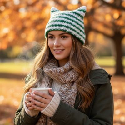 Bonnet pour femme raye vert  parc automne femme avec une tasse