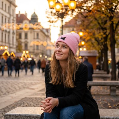 Bonnet pour femme rose motif chat femme assise marche noel lumieres ville