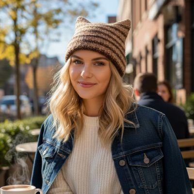 Bonnet pour femme  taupe raye oreilles chat cafe terrasse veste jean