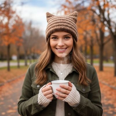 Bonnet pour femme  taupe raye oreilles chat parc automne tasse cafe