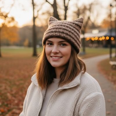Bonnet pour femme  taupe raye oreilles chat parc coucher soleil automne