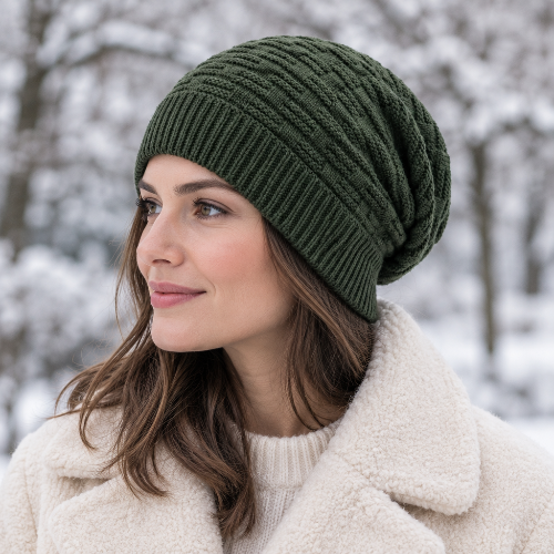 Bonnet femme hiver vert fonce porte par une femme en manteau ecru dans un parc hivernal
