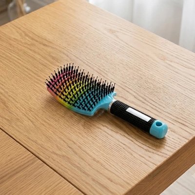 brosse-a-cheveux-degrade-rainbow-accessoire-coiffure-style-coloré-table-bois-capillaire