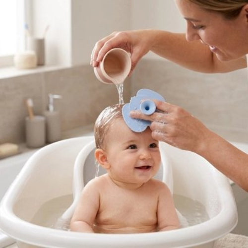 Brosse cheveux bébé bleue utilisee par une maman pendant le rincage dans une baignoire blanche