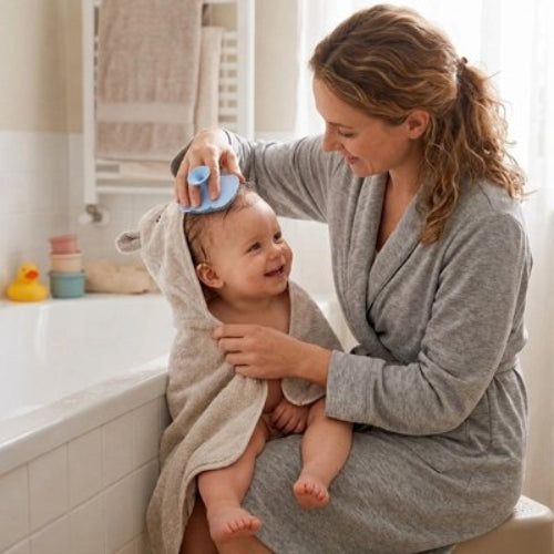 Brosse cheveux bébé bleue utilisee par une maman sur son enfant enveloppe dans une serviette apres le bain