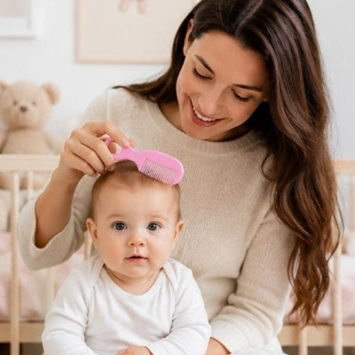 Brosse cheveux bébé et son peigne rose utilise par une maman sur les cheveux de son enfant