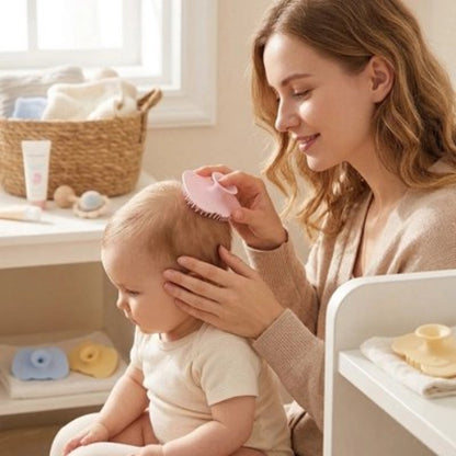 Brosse cheveux bébé rose a picots utilisee par une maman pour brosser les cheveux fins de son enfant
