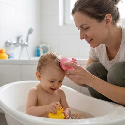 Brosse cheveux bébé rose utilisee pendant le bain tandis que bebe joue avec un canard jaune